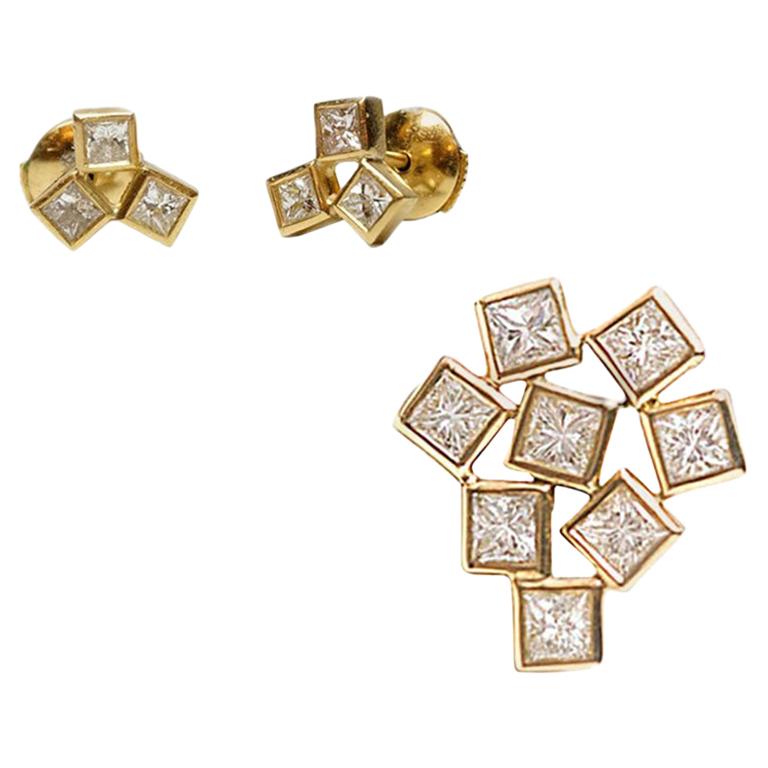 Geometric Unique Set, 18 Karat Gold 3 Diamond Earrings and 9 Diamonds Pendant