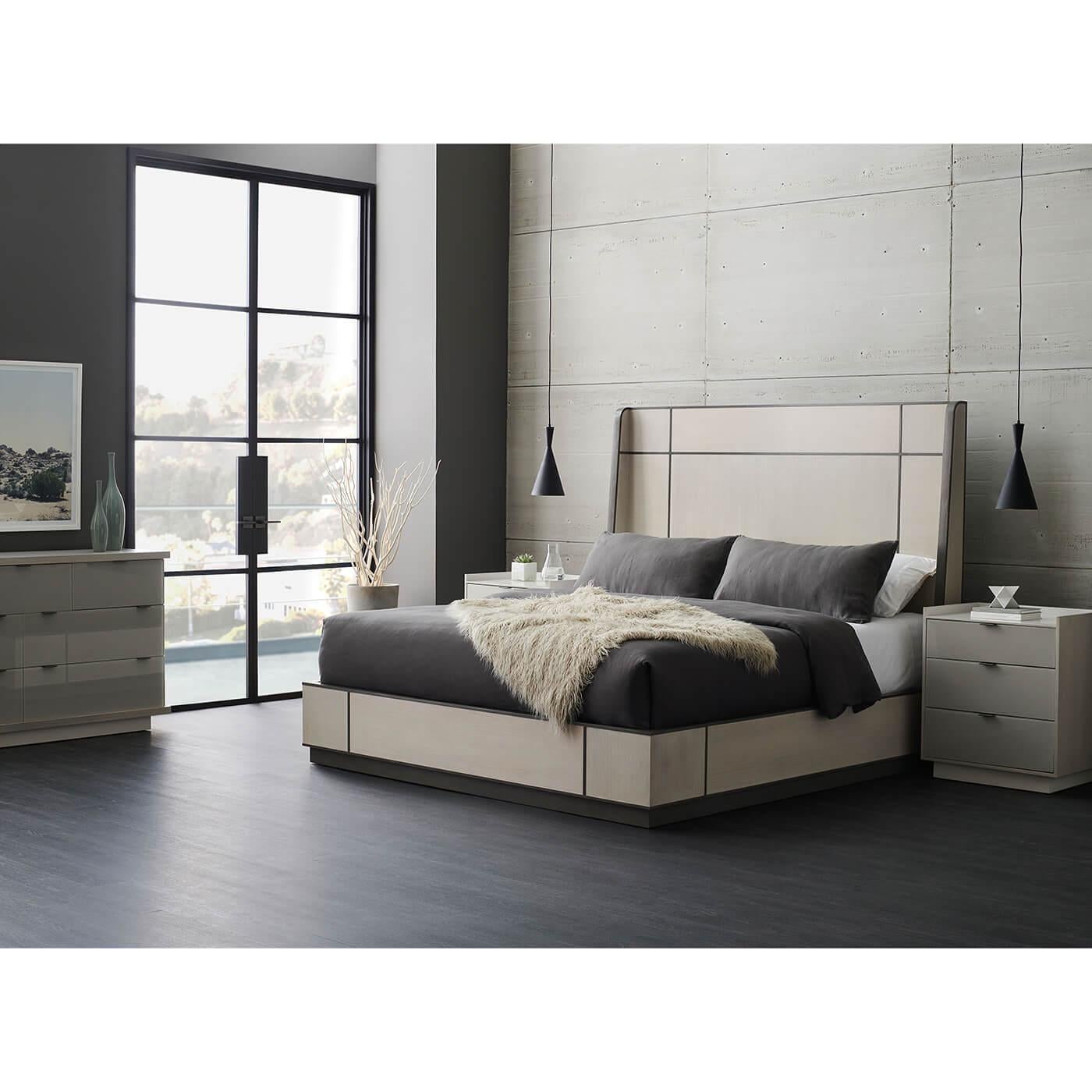 Contemporary Geometric Upholstered and Inlaid King Bed For Sale
