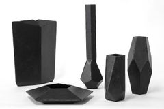 Geometric Vessel Sculpture Contemporary Stark Rough Carved Blackened Waxed Iron