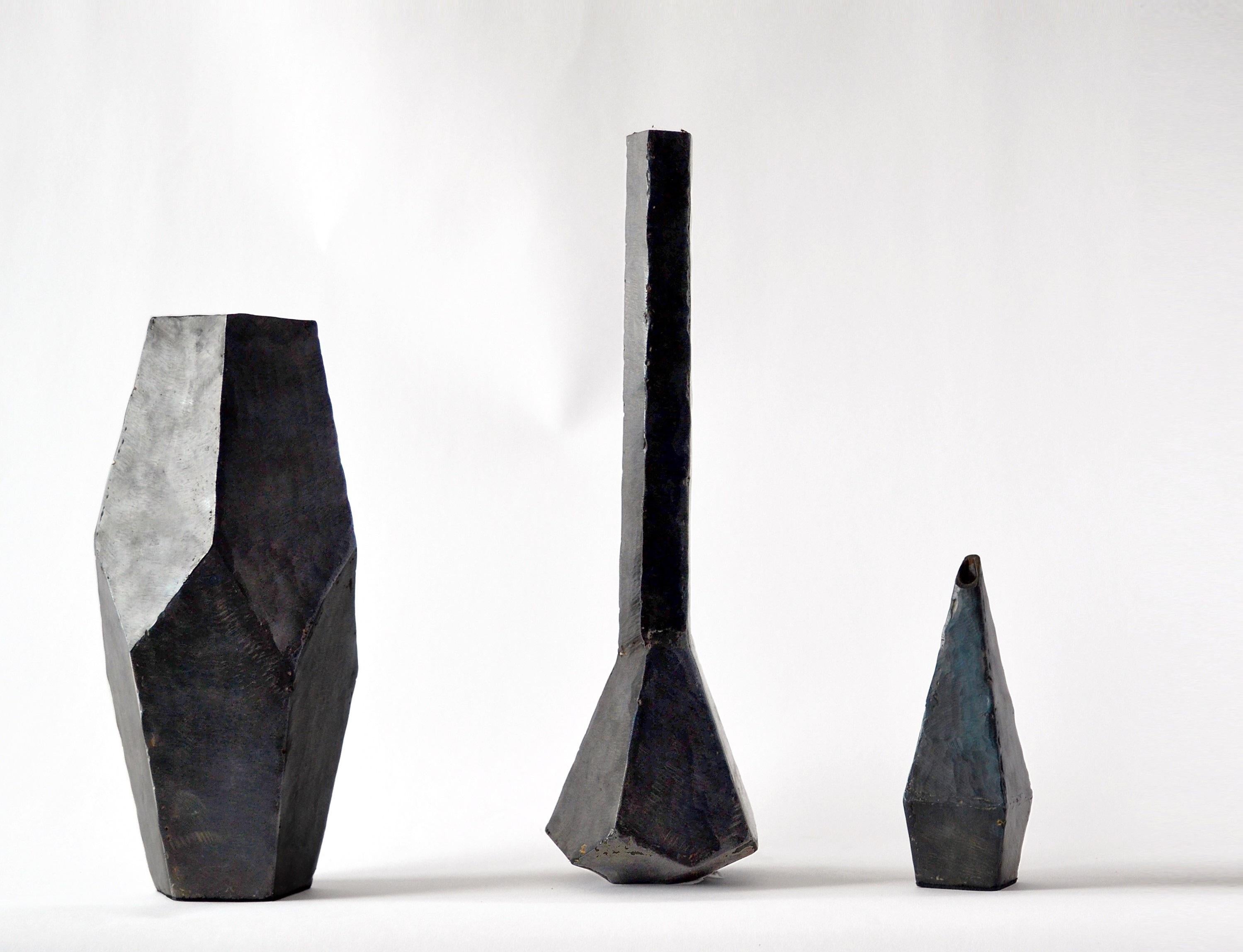 American Geometric Vessel Sculpture Contemporary Stark Rough Carved Blackened Waxed Iron For Sale