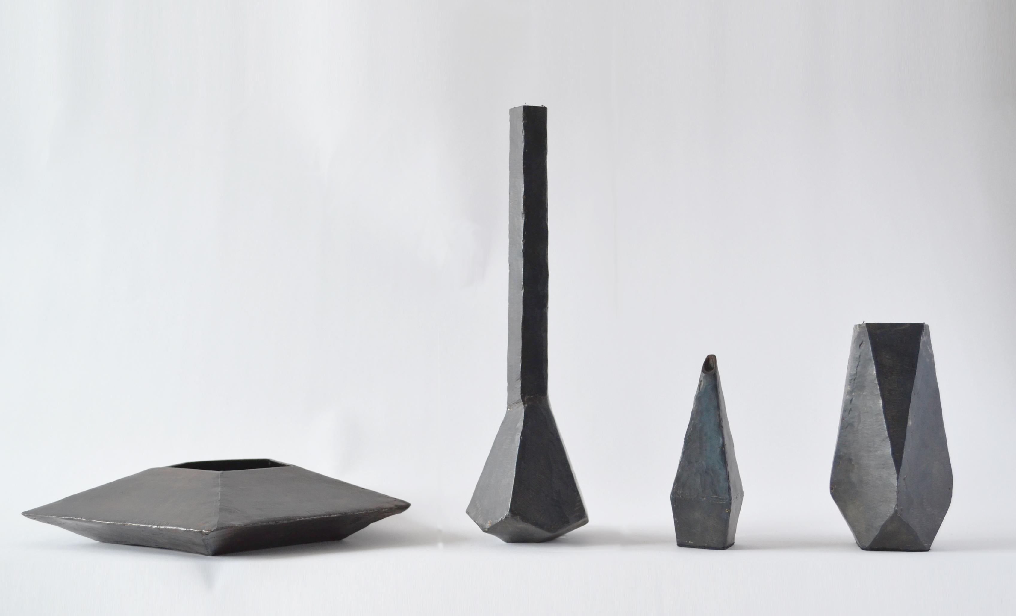 Geometric Vessel Sculpture Contemporary Stark Rough Carved Blackened Waxed Iron In New Condition For Sale In Bronx, NY