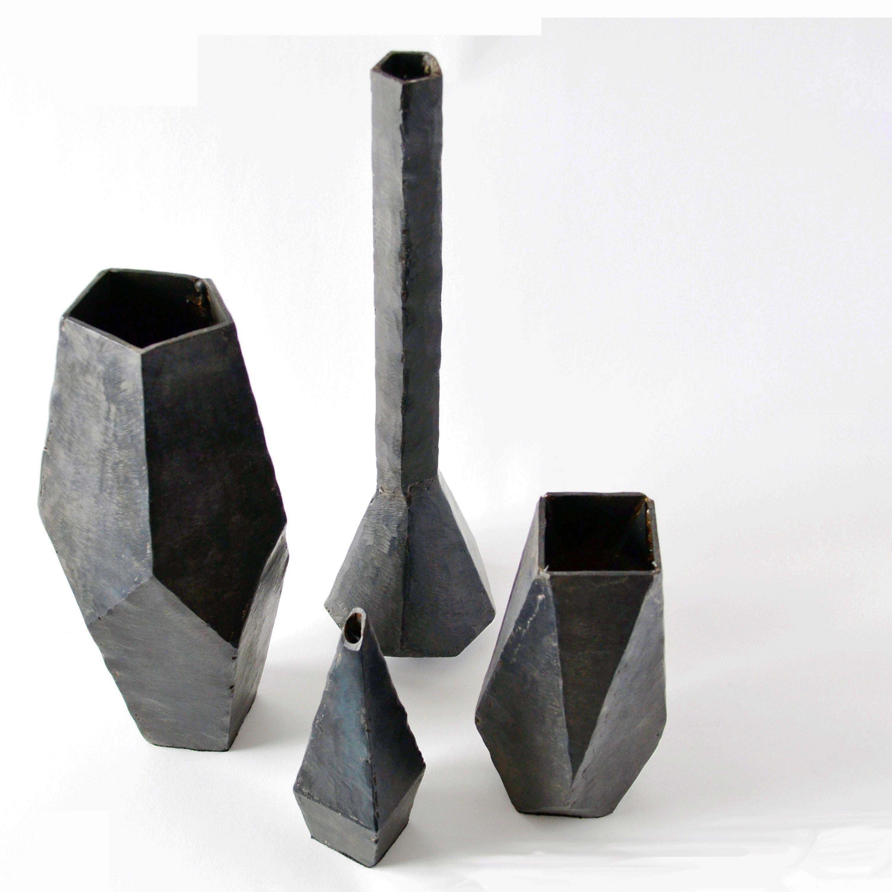 Steel Geometric Vessel Sculpture Contemporary Stark Rough Carved Blackened Waxed Iron For Sale