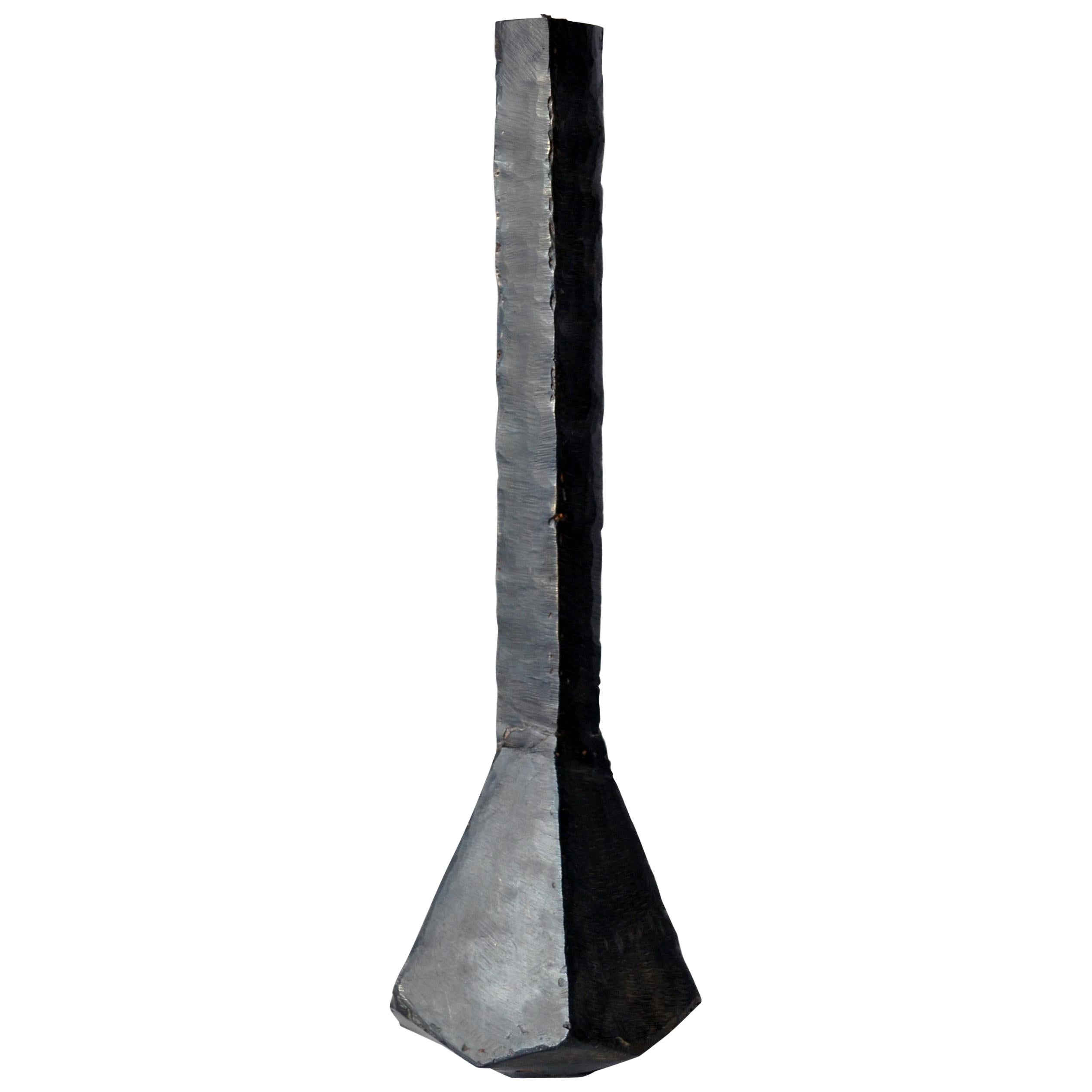 Geometric Vessel Sculpture Contemporary Stark Rough Carved Blackened Waxed Iron For Sale