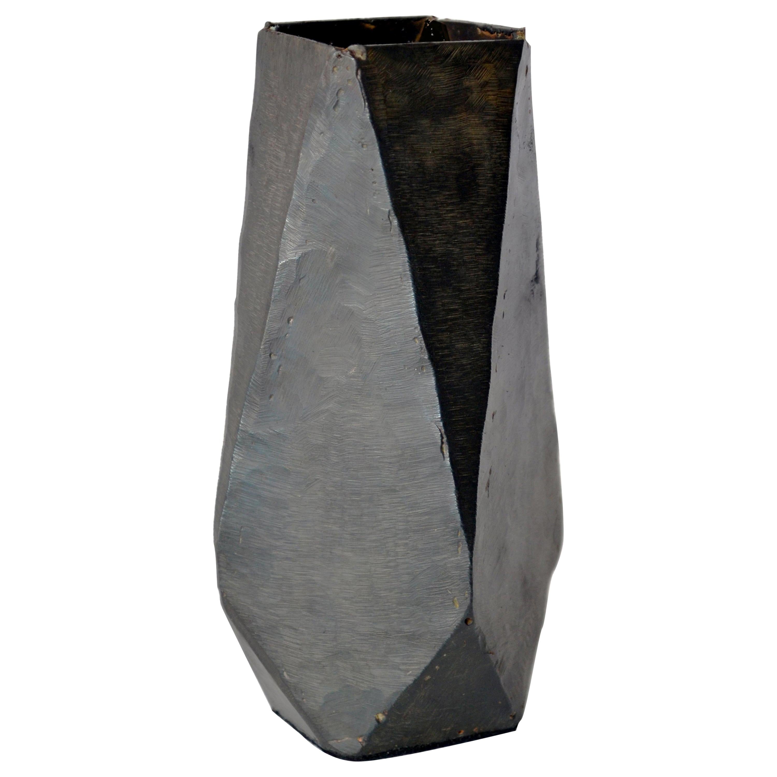 Geometric Vessel Sculpture Handmade Blackened and Waxed Iron For Sale