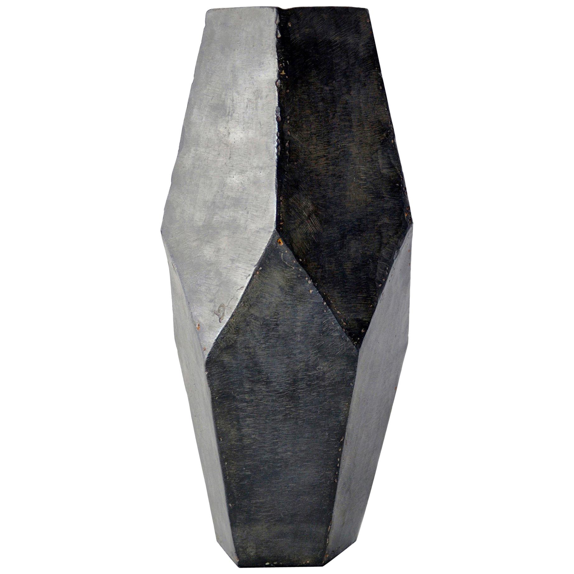 Geometric Vessel Sculpture Contemporary Stark Rough Carved Blackened Waxed Iron