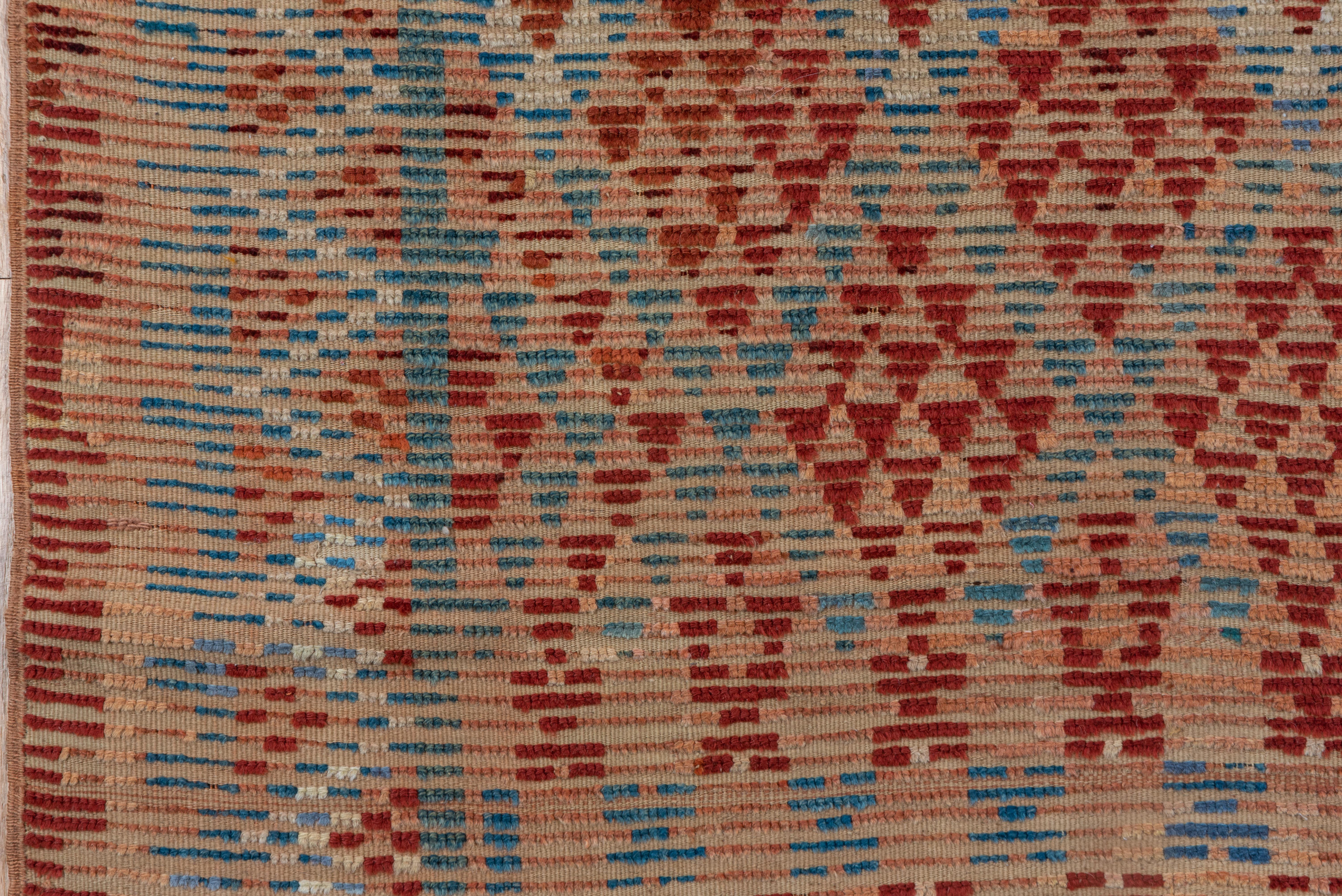 20th Century Geometric Village Rug in Powder Blue and Rusted Orange Red For Sale