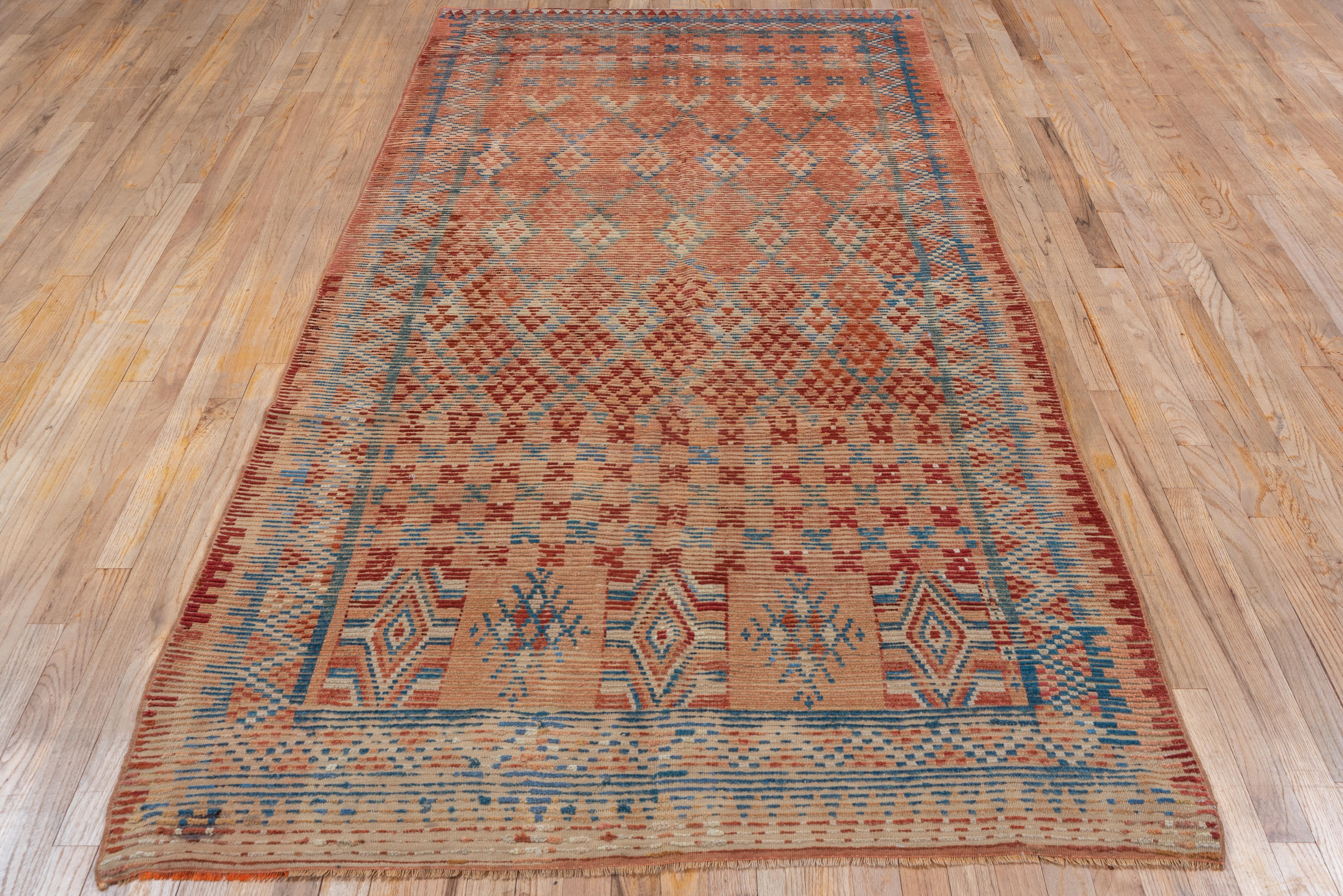 Geometric Village Rug in Powder Blue and Rusted Orange Red For Sale 2