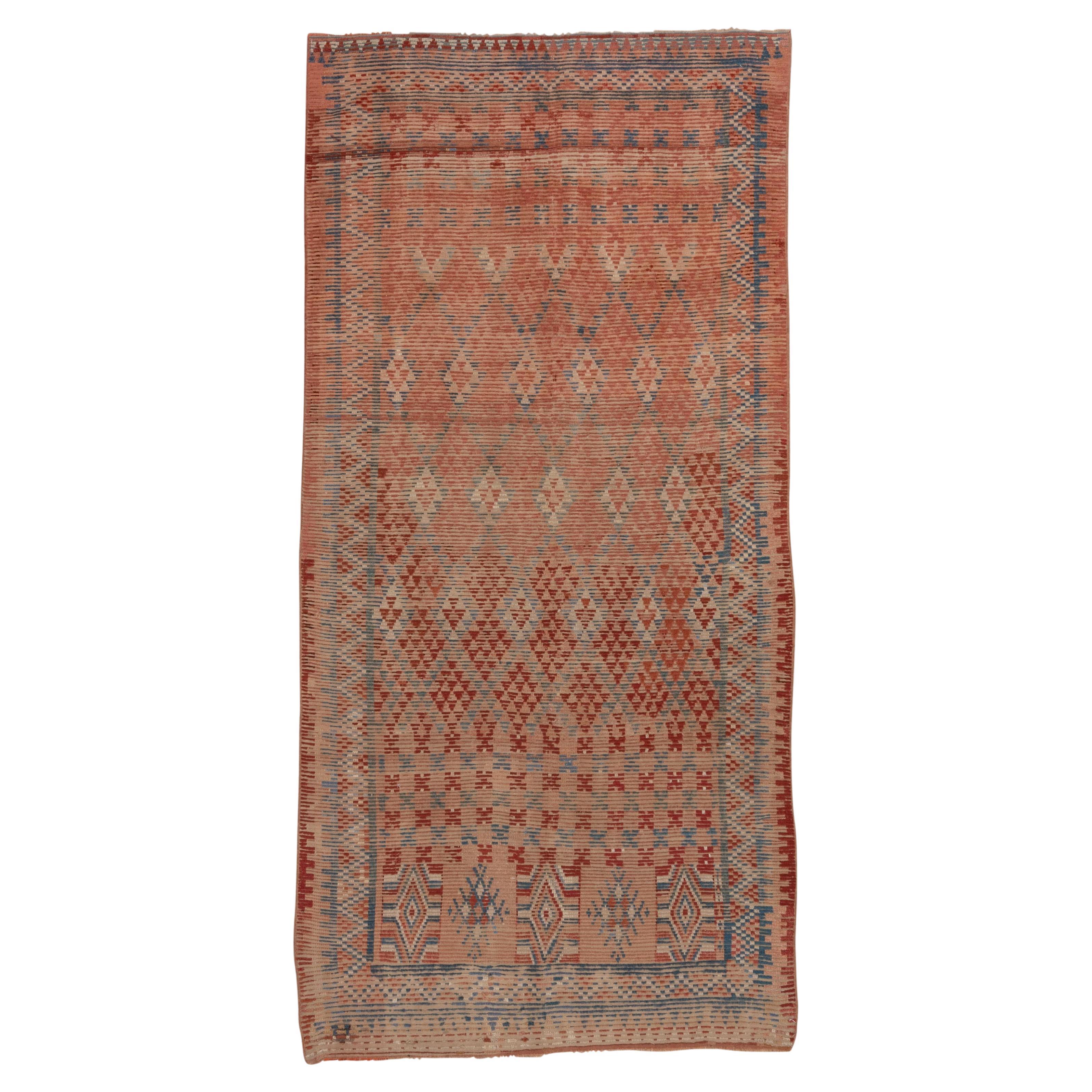 Geometric Village Rug in Powder Blue and Rusted Orange Red For Sale