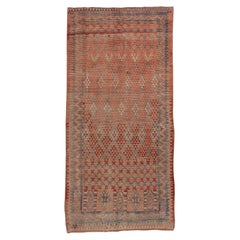 Used Geometric Village Rug in Powder Blue and Rusted Orange Red