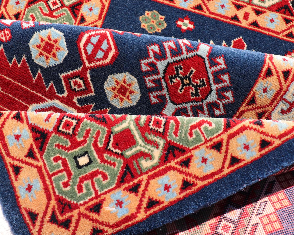 Geometric Vintage Caucasian Rug with Tribal Geometric Medallions in Blue, Red For Sale 2