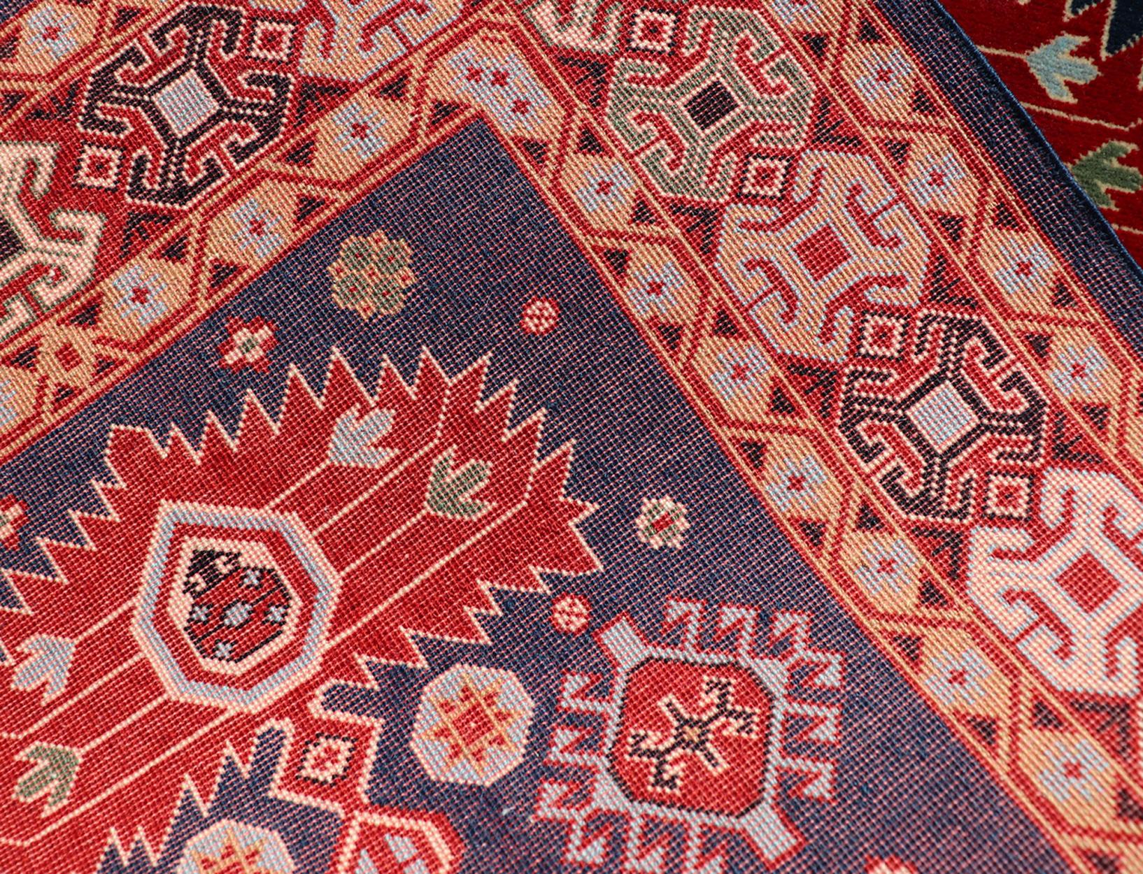 Geometric Vintage Caucasian Rug with Tribal Geometric Medallions in Blue, Red For Sale 3