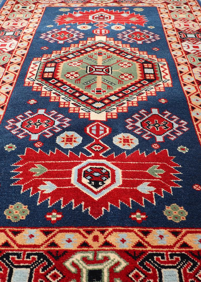 Geometric Vintage Caucasian Rug with Tribal Geometric Medallions in Blue, Red In Excellent Condition For Sale In Atlanta, GA