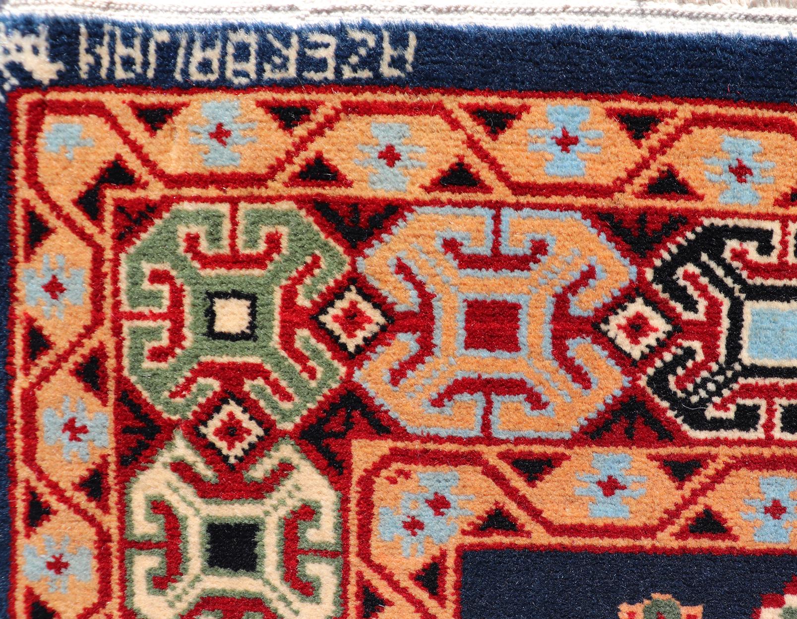 Wool Geometric Vintage Caucasian Rug with Tribal Geometric Medallions in Blue, Red For Sale