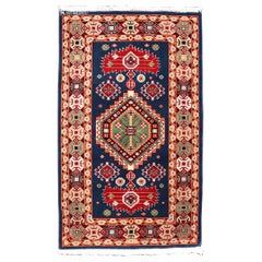 Geometric Vintage Caucasian Rug with Tribal Geometric Medallions in Blue, Red