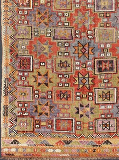 Geometric Vintage Embroidered Kilim Rug with Colorful All-Over Star Design
