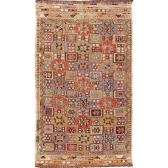 Geometric Vintage Embroidered Kilim Rug with Colorful All-Over Star Design