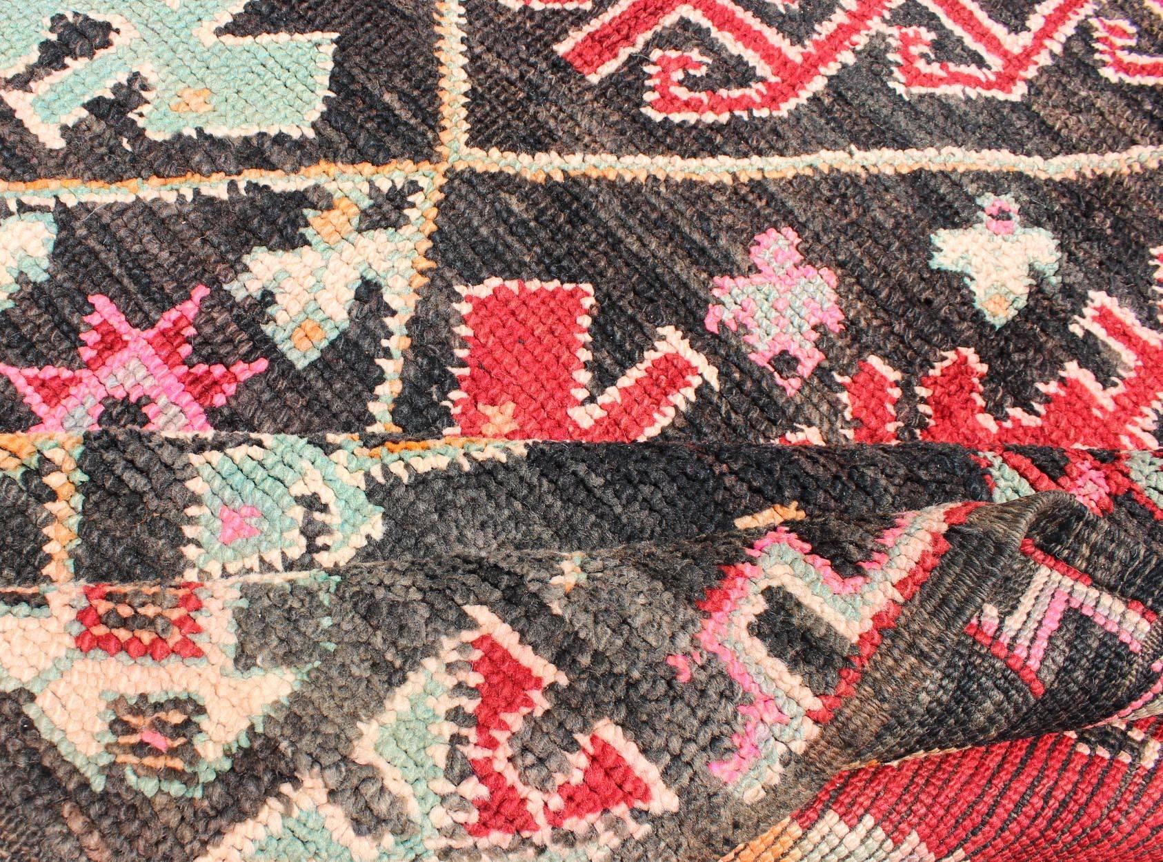 Hand-Knotted Geometric Vintage Moroccan Rug in Black, Red, Green  For Sale