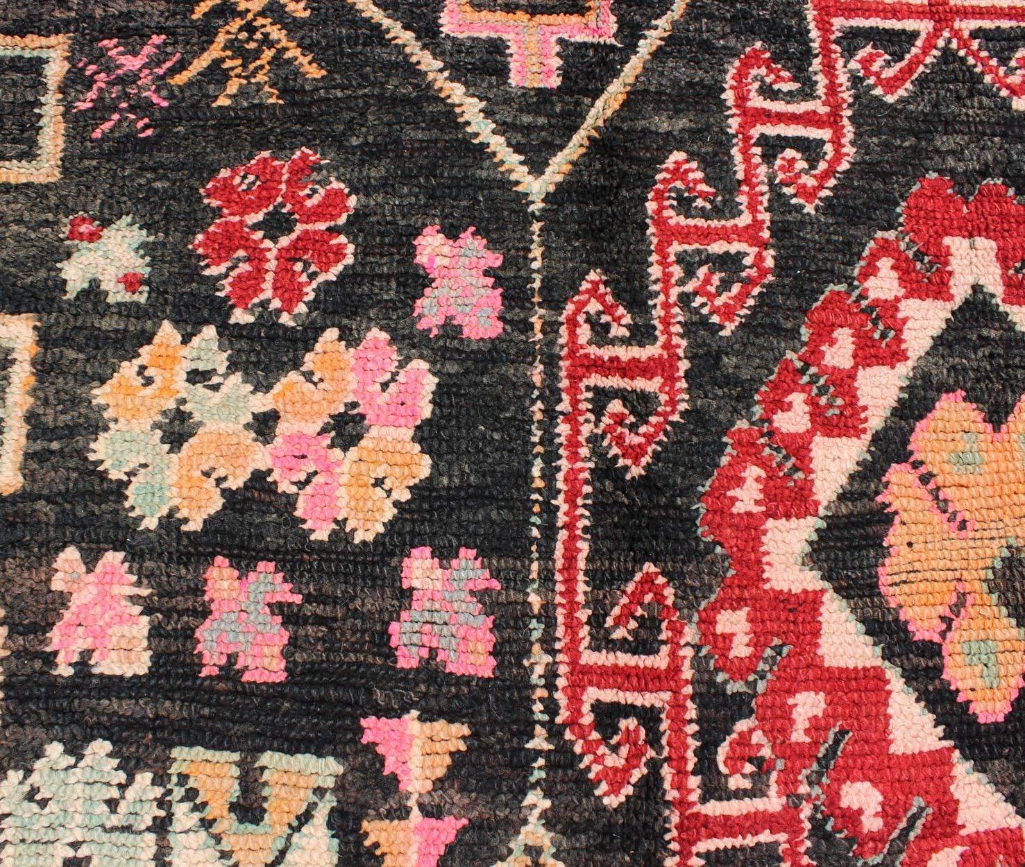 20th Century Geometric Vintage Moroccan Rug in Black, Red, Green  For Sale