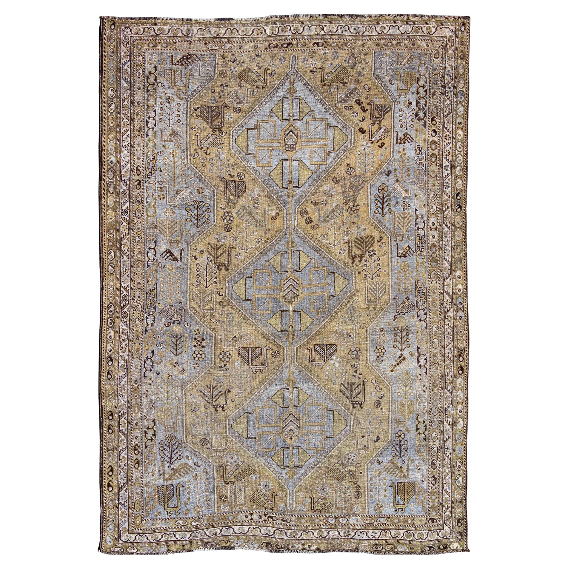 Tapis persan vintage géométrique Shiraz à motif tri-méditerranéen en lavande et olive en vente