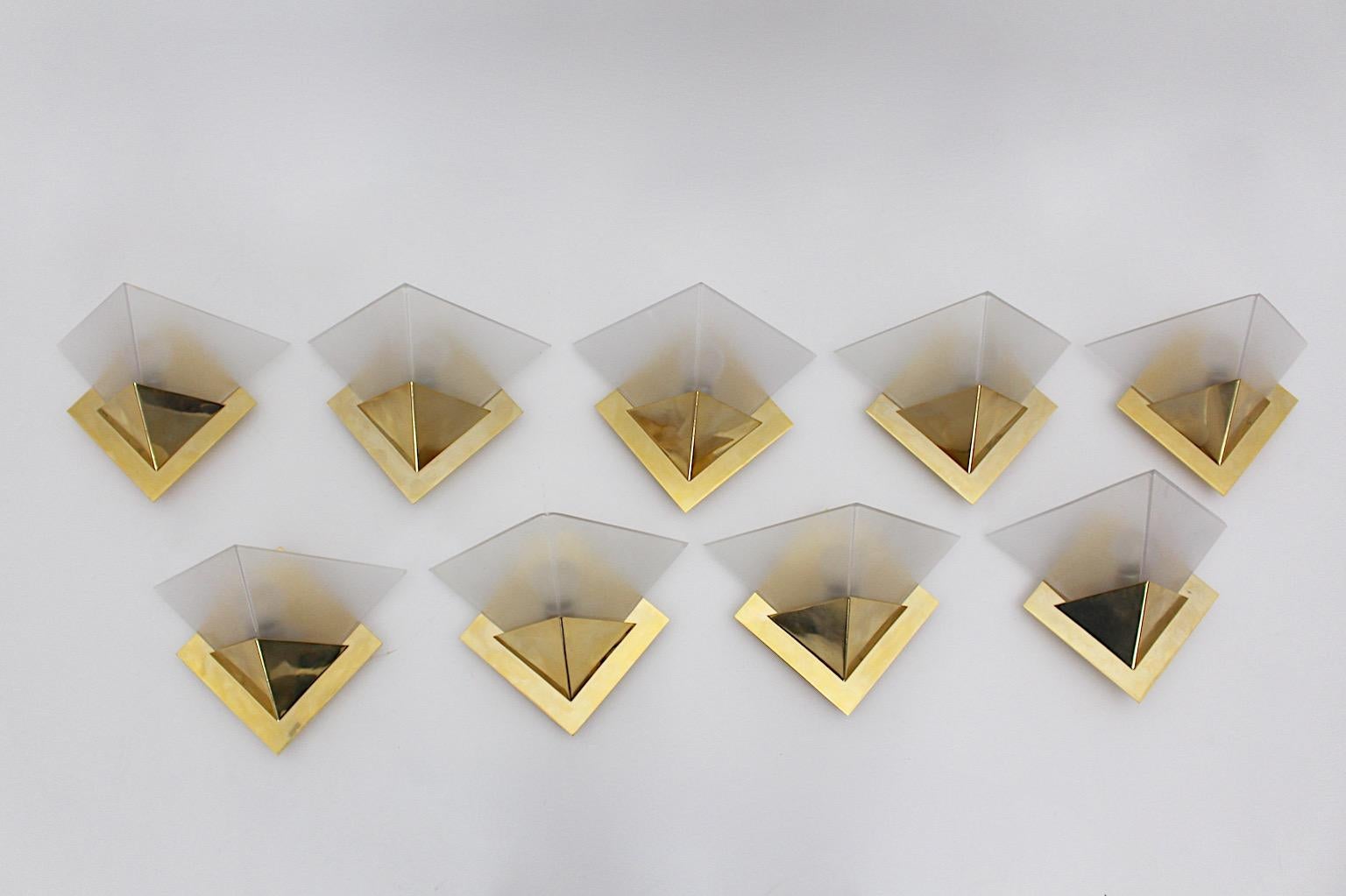 Geometric Vintage Sconces Wall Lights Up to Nine Brass Etched Glass 1970s Italy For Sale 5