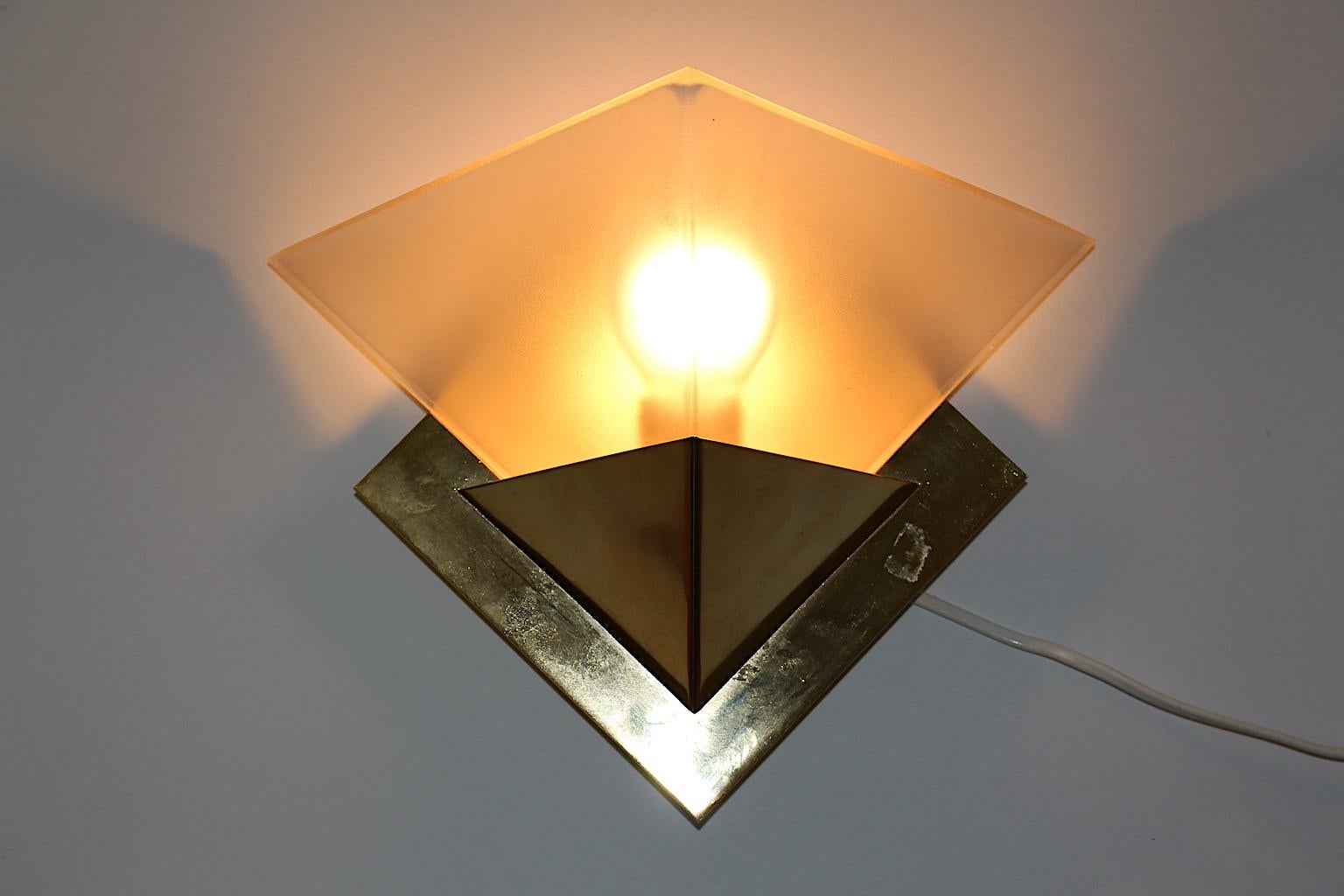 Geometric Vintage Sconces Wall Lights Up to Nine Brass Etched Glass 1970s Italy For Sale 6