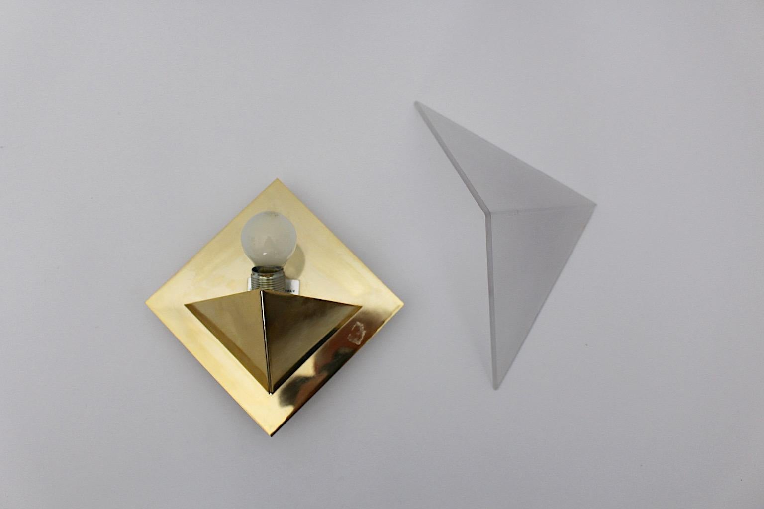 Geometric Vintage Sconces Wall Lights Up to Nine Brass Etched Glass 1970s Italy For Sale 7