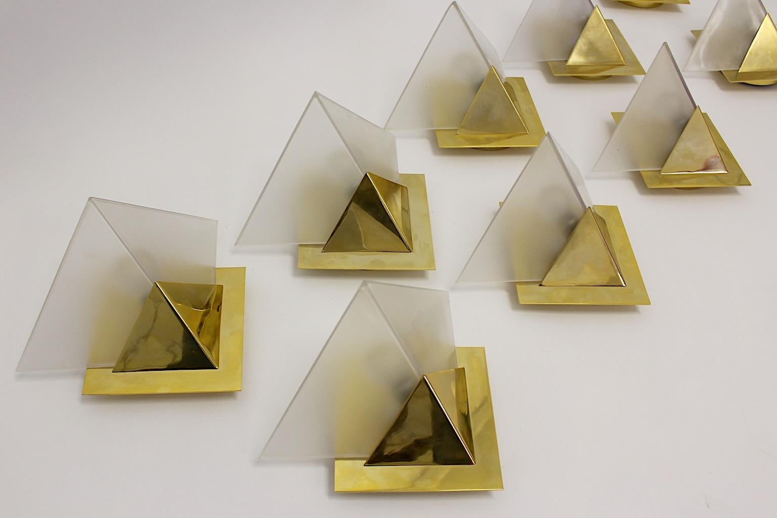 Modern Geometric Vintage Sconces Wall Lights Up to Nine Brass Etched Glass 1970s Italy For Sale