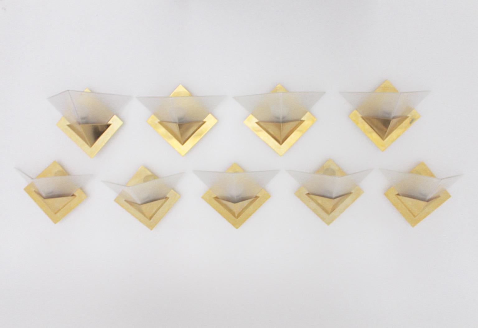 Italian Geometric Vintage Sconces Wall Lights Up to Nine Brass Etched Glass 1970s Italy For Sale