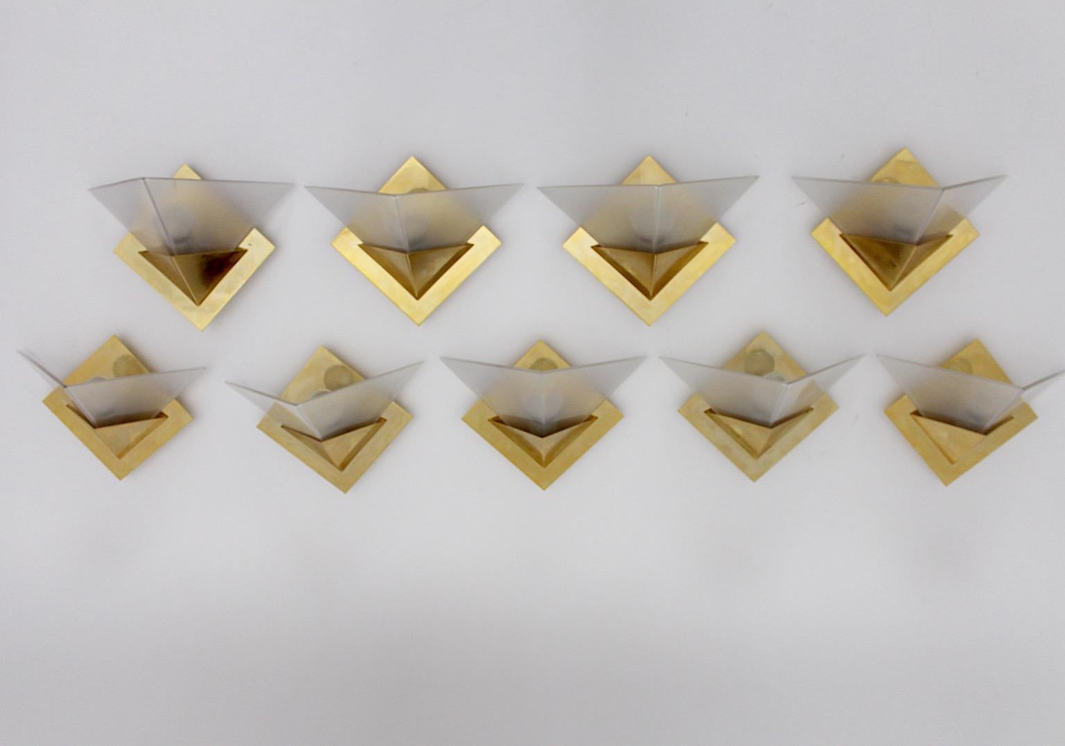 Geometric Vintage Sconces Wall Lights Up to Nine Brass Etched Glass 1970s Italy For Sale 1