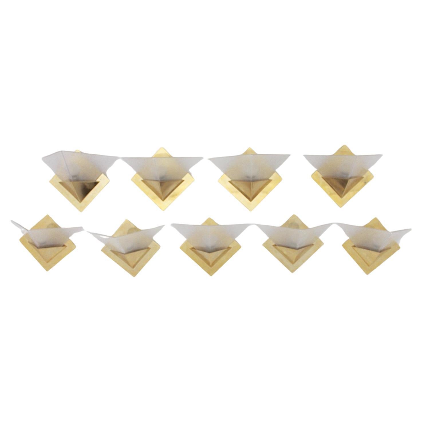 Geometric Vintage Sconces Wall Lights Up to Nine Brass Etched Glass 1970s Italy For Sale
