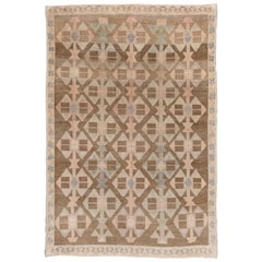 Geometric Vintage Turkish Oushak Carpet, Earth Tones and Pastel Accents