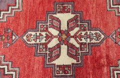 Geometric Vintage Turkish Oushak Carpet in Soft Red, Light Purple, & Gold Border