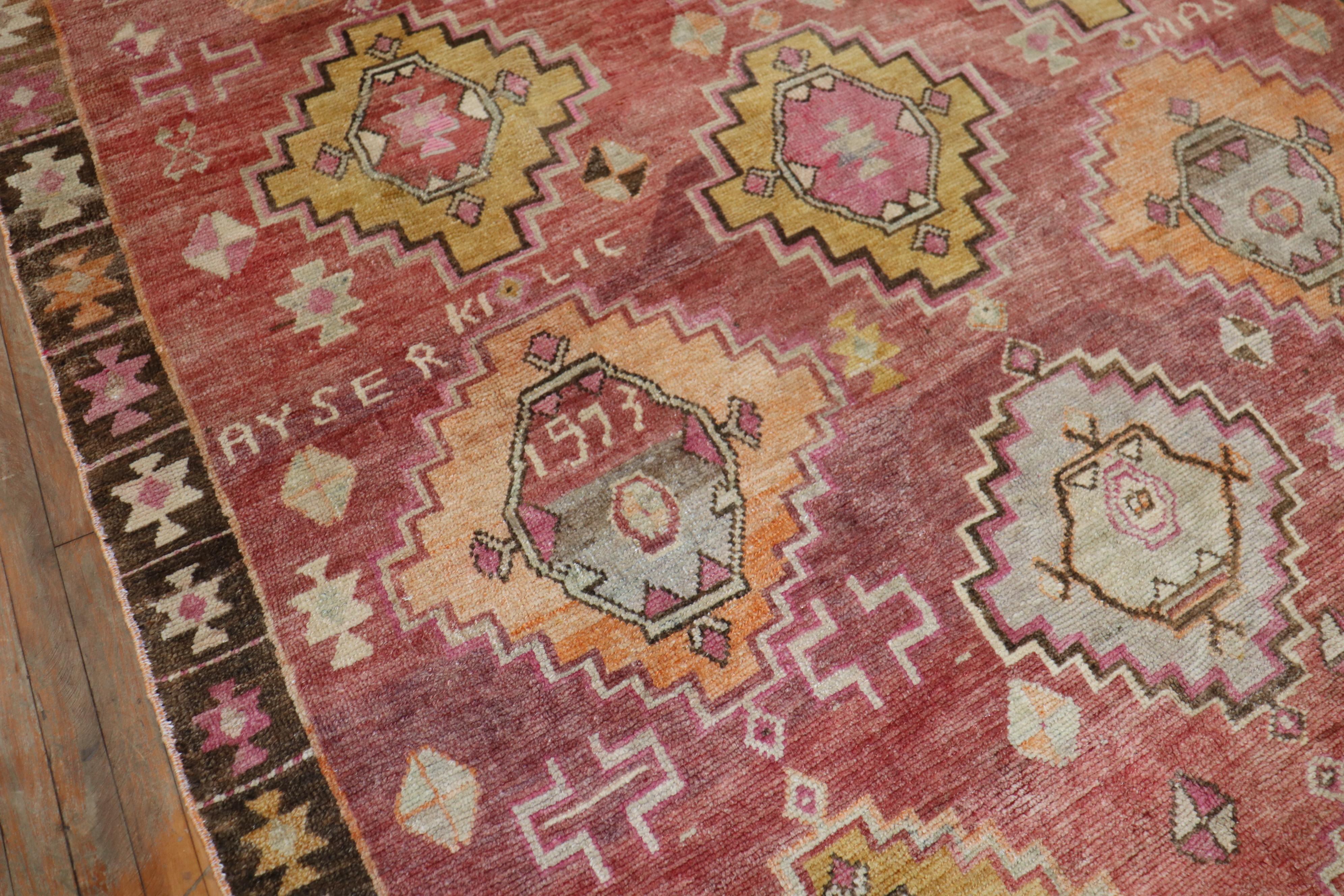 Hand-Knotted Geometric Vintage Turkish Room Size Rug For Sale