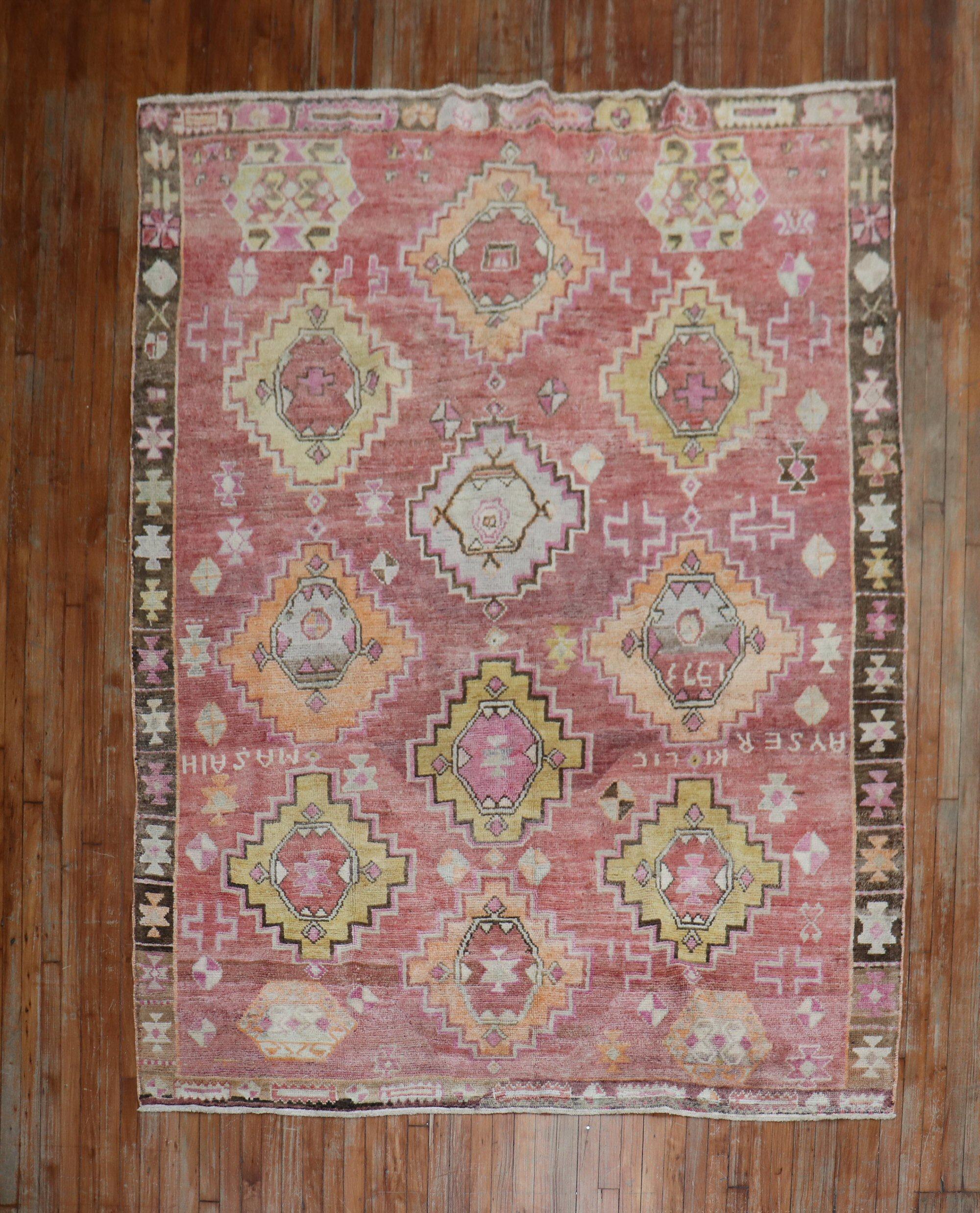 Wool Geometric Vintage Turkish Room Size Rug For Sale