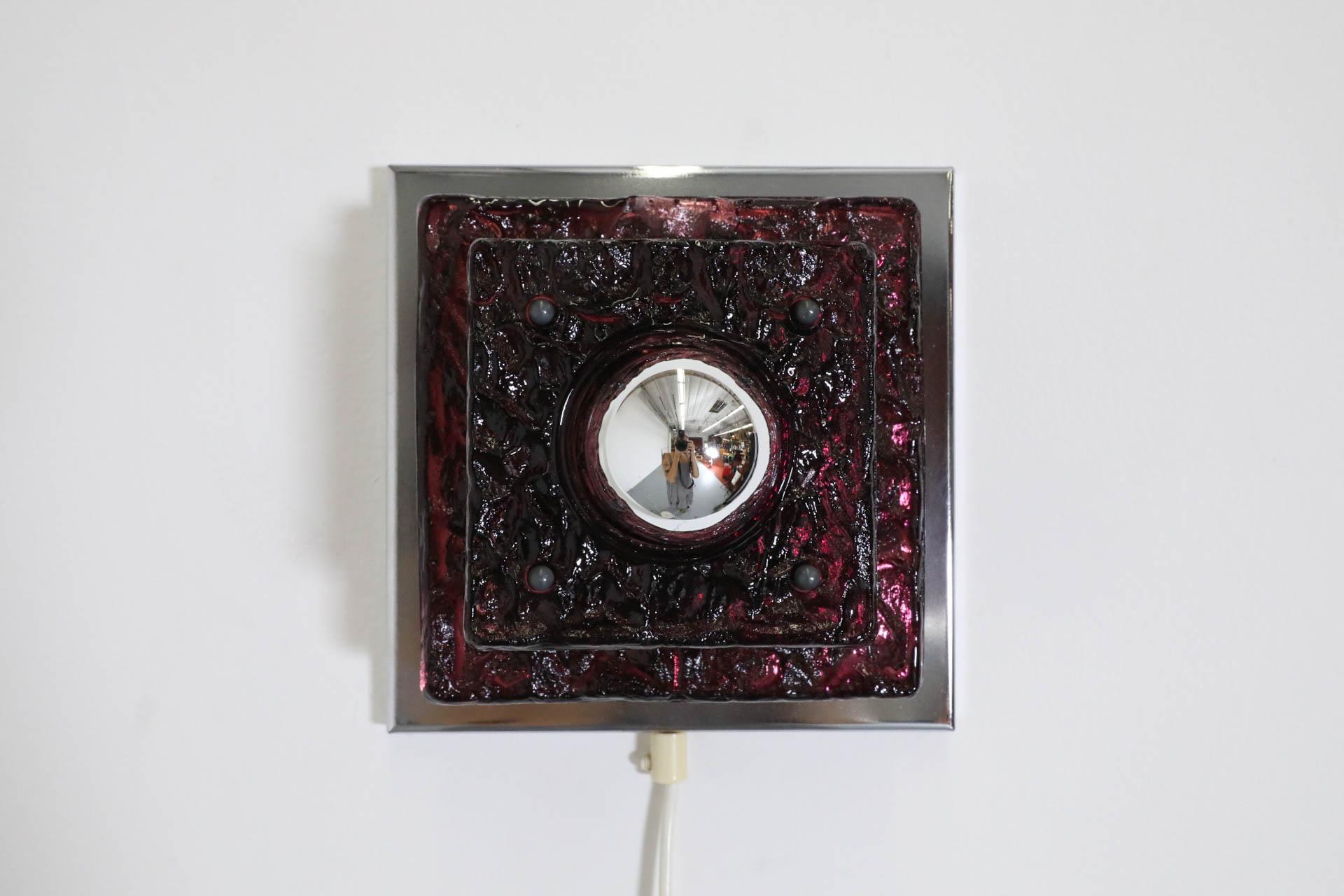 Aluminum Geometric Wall or Ceiling Sconce with Layered Amethyst Glass on Chrome base For Sale