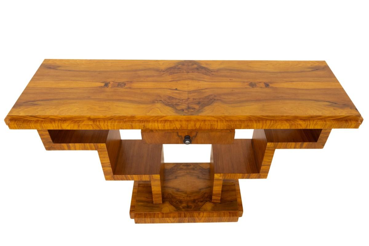 Table console art déco géométrique en noyer, Pologne, milieu du XXe siècle. Bon état - En vente à Chorzów, PL