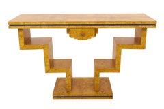 Geometric walnut burl console table in the Art Deco style.