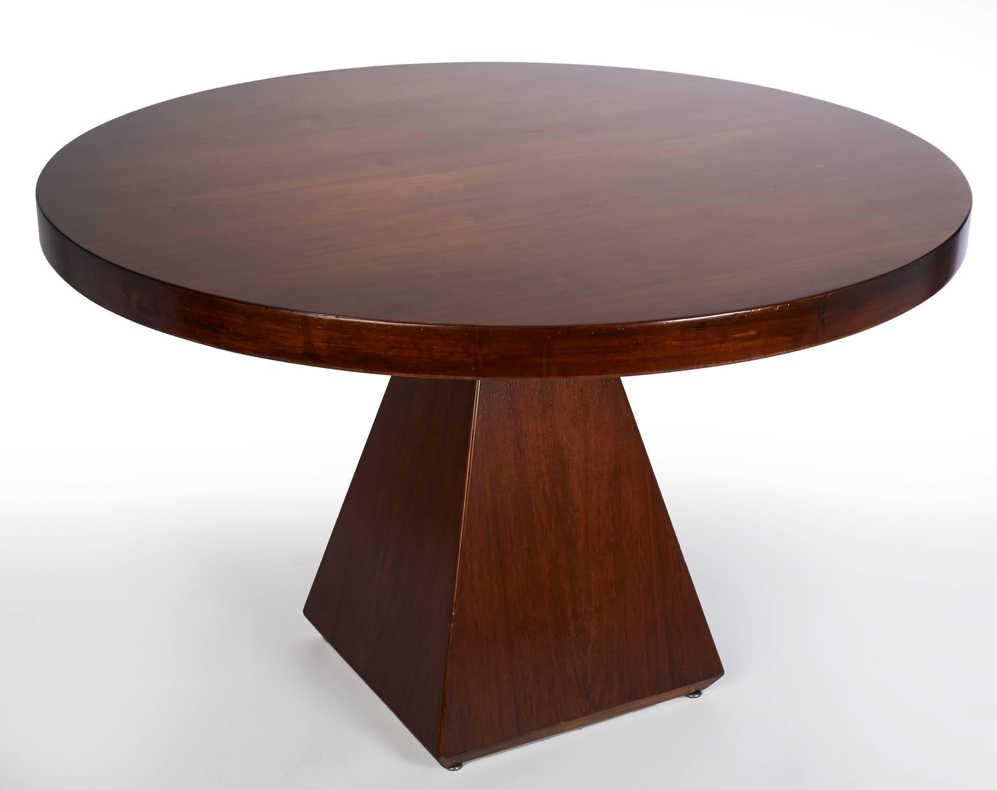 Vittorio Introini: Geometric Walnut Dining Table with Round Top, Italy 1960's In Good Condition For Sale In New York, NY