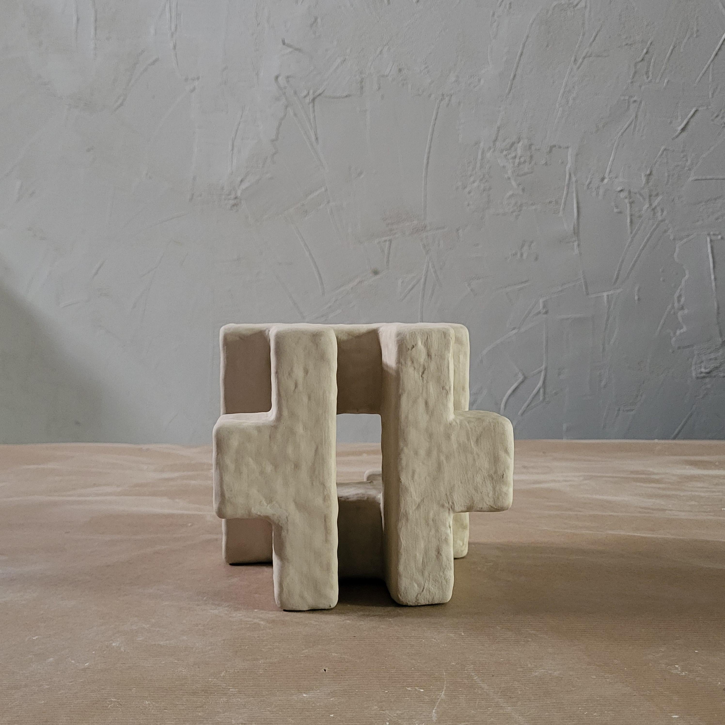 Modern Geometric white Sculpture contemporary wood organic plaster HYPERCUBE II For Sale
