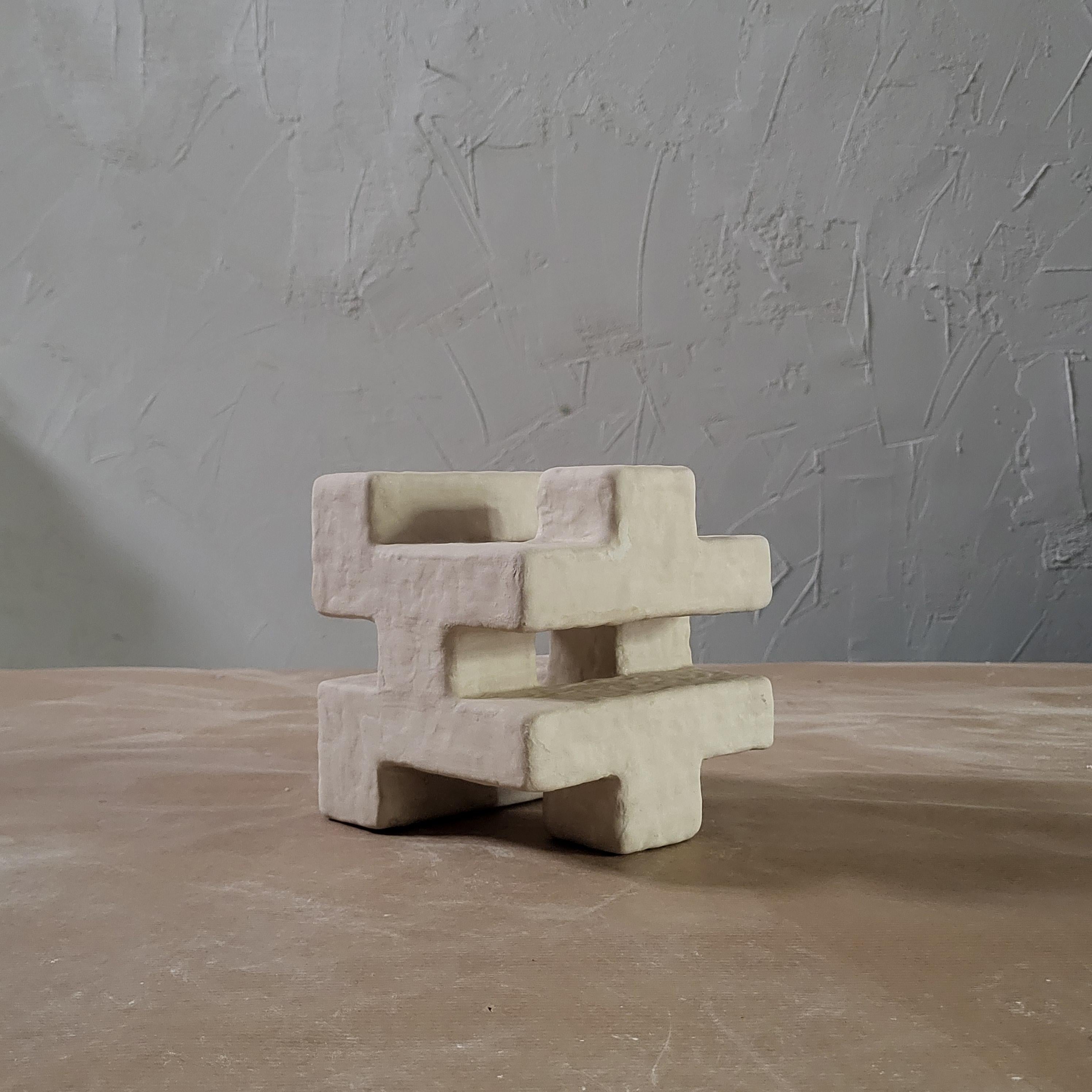 Hand-Carved Geometric white Sculpture contemporary wood organic plaster HYPERCUBE II For Sale