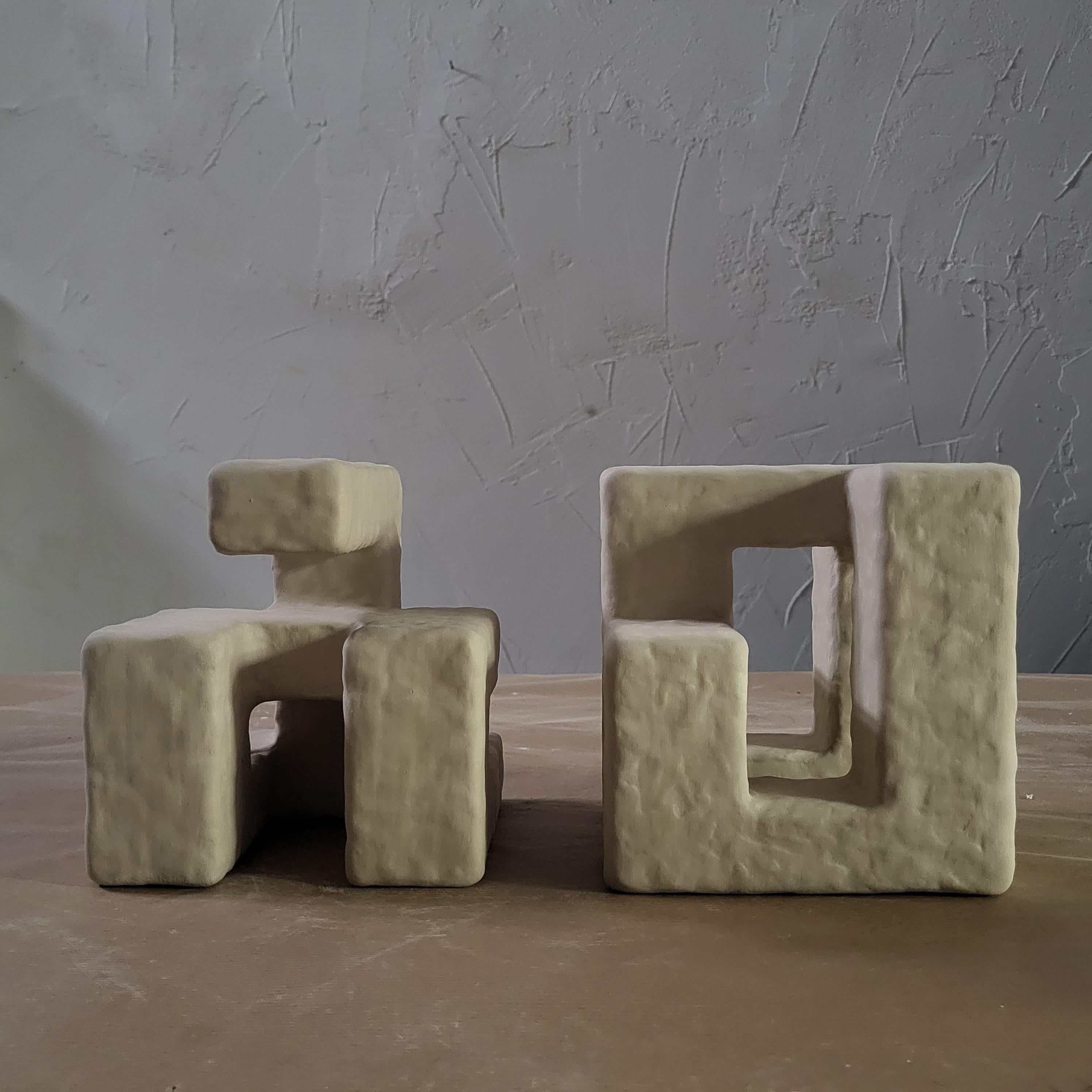 Hand-Carved Geometric white Sculpture contemporary wood organic plaster HYPERCUBE III For Sale