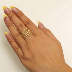0.97 Carat Round Natural Diamond Geometric Statement Ring, 14k Yellow Gold