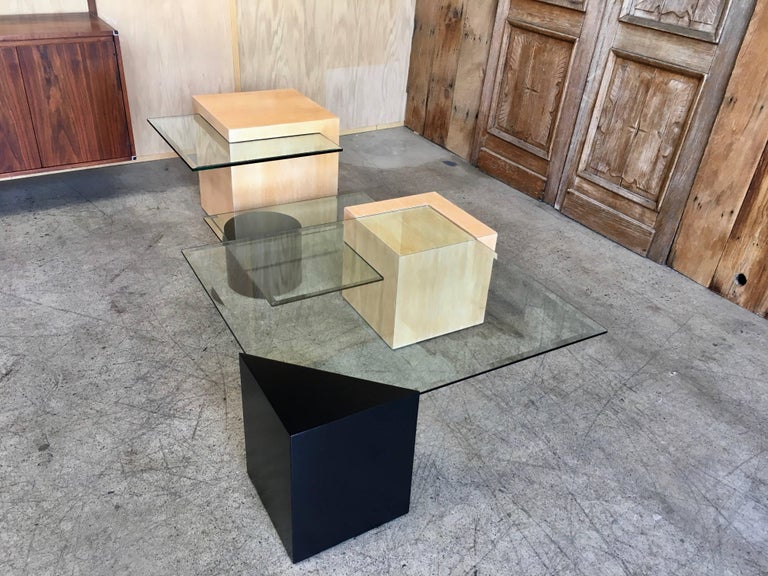 Geometric wood and Glass Multi-Level Coffee Table at 1stDibs