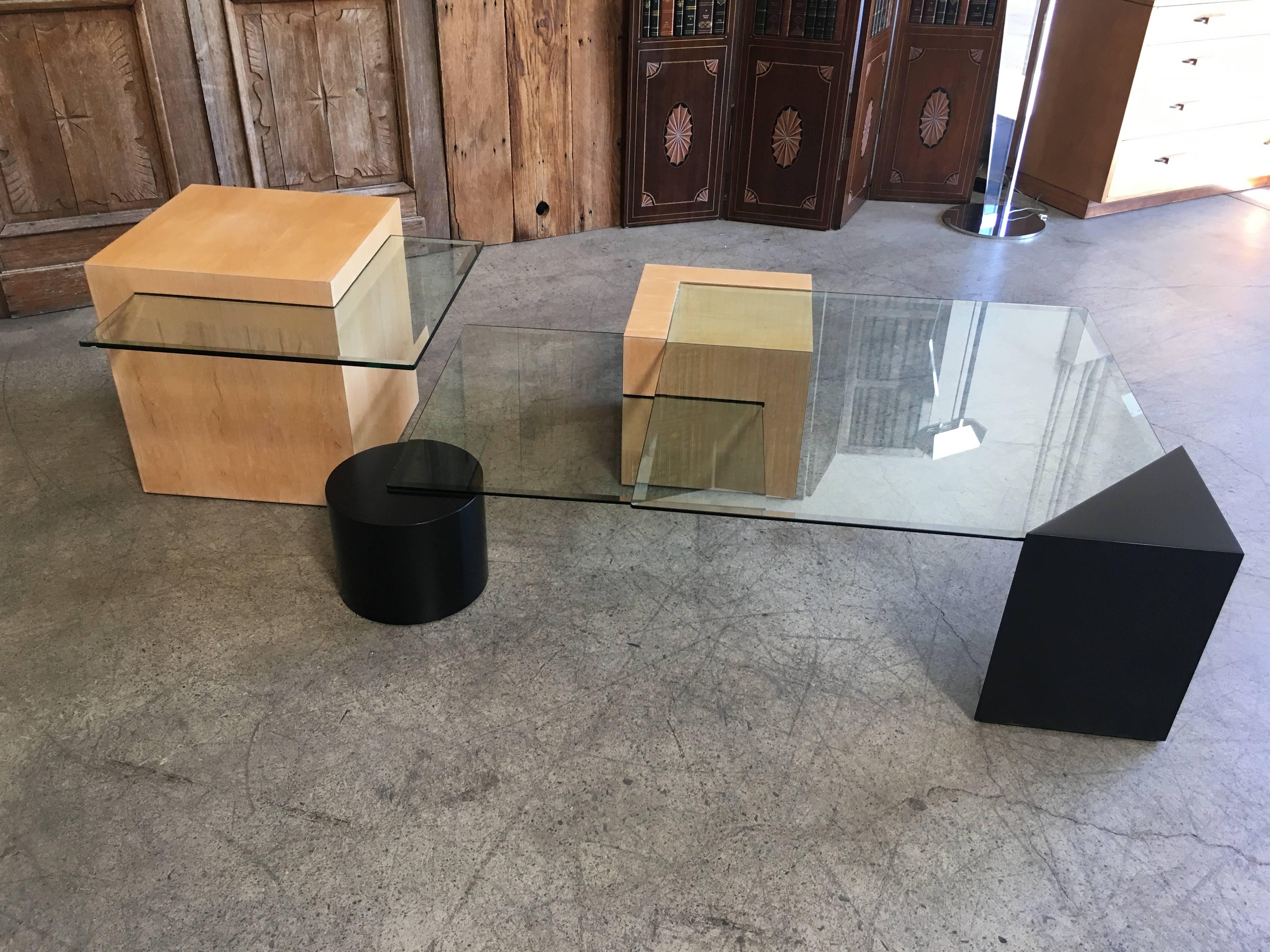 Post-Modern Geometric wood and Glass Multi-Level Coffee Table