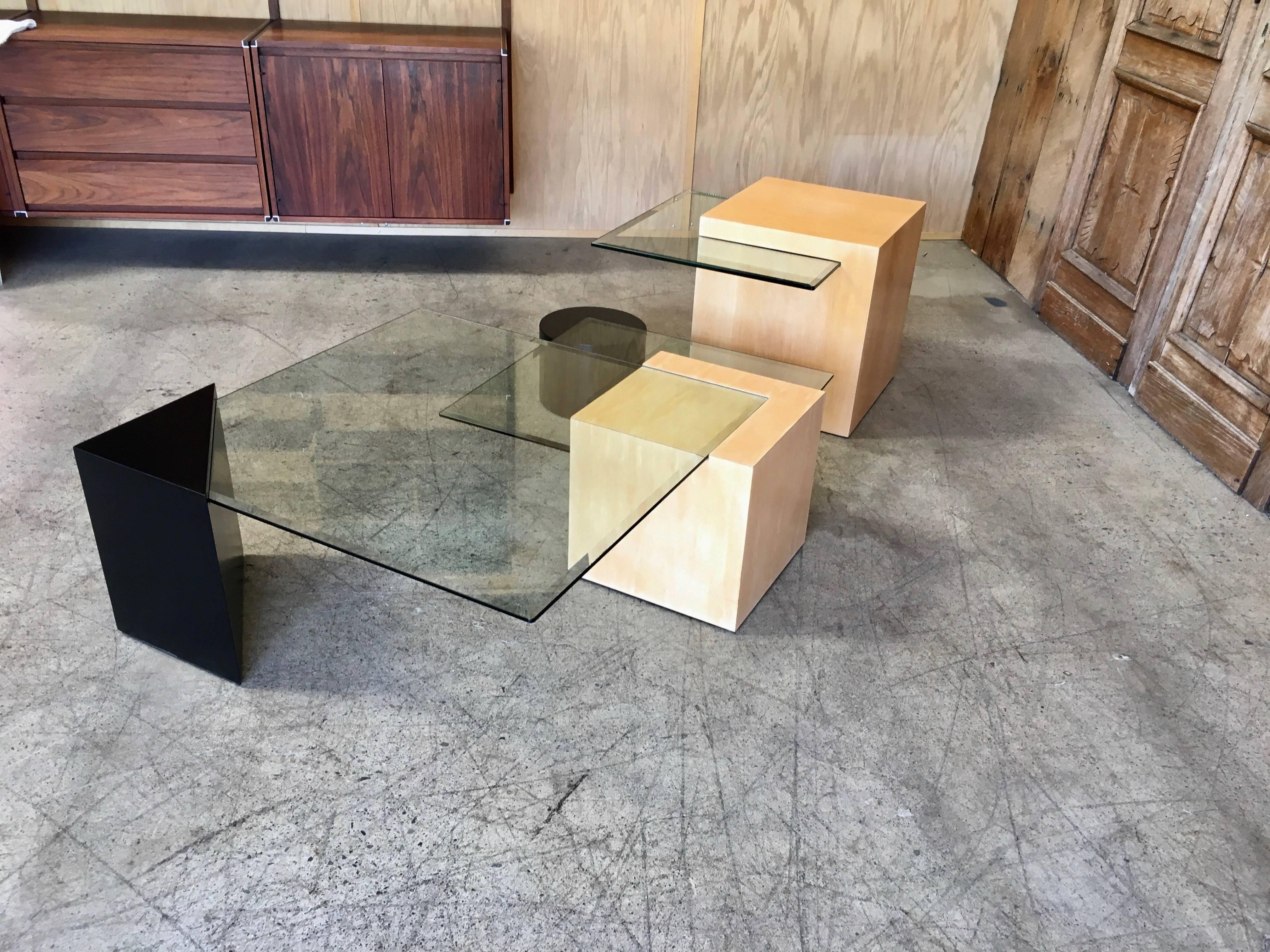 Geometric wood and Glass Multi-Level Coffee Table In Good Condition In Denton, TX