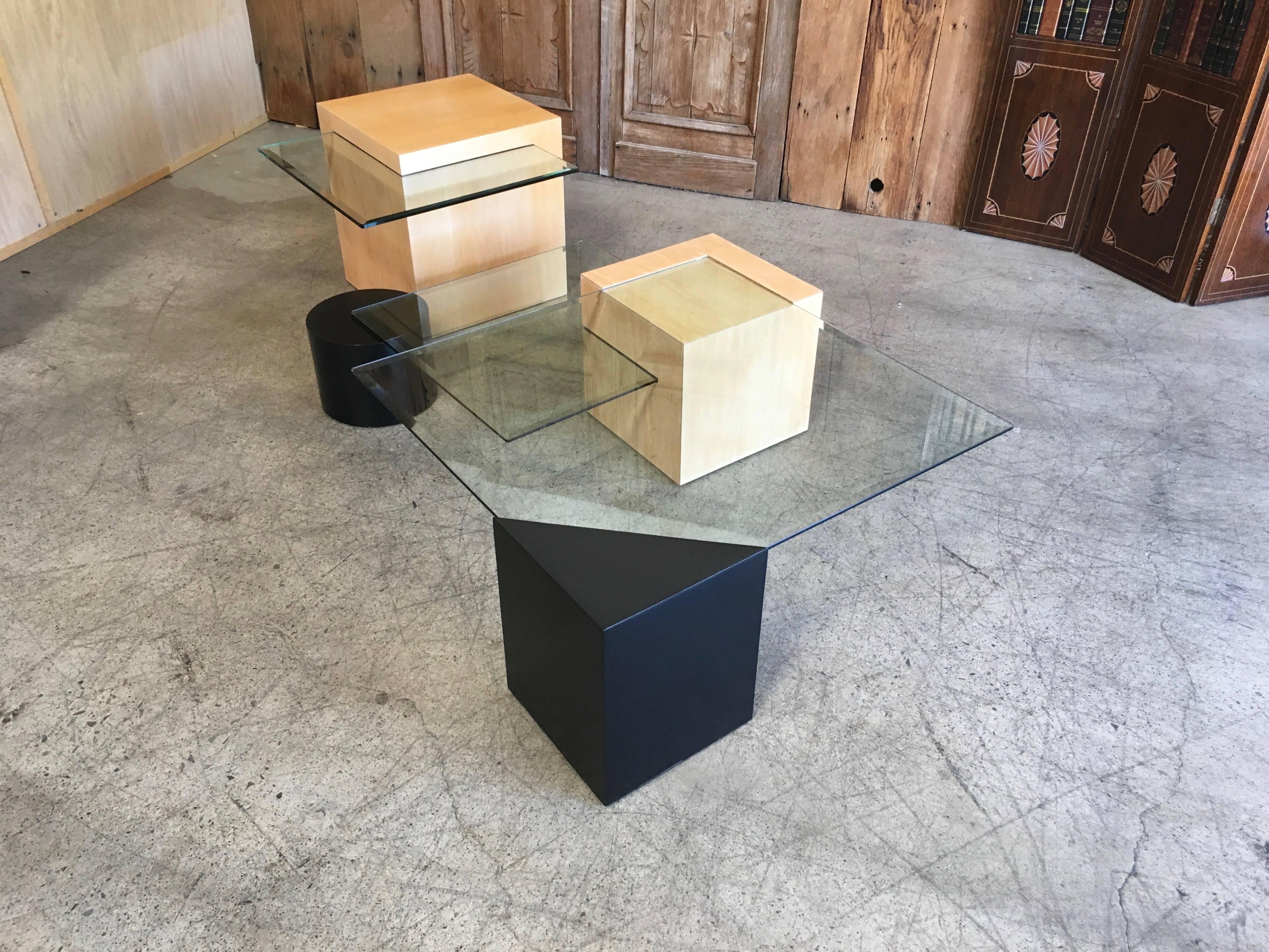 20th Century Geometric wood and Glass Multi-Level Coffee Table
