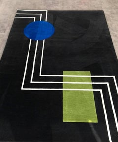 Rug Geometric Carpet Wool Black Blue Green Circle white Lines Tufted handmade