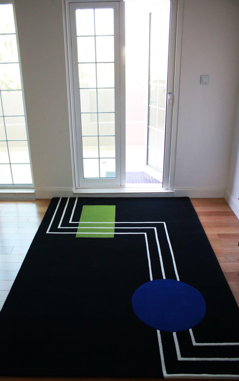 Modern Rug Geometric Carpet Wool Black Blue Green Circle white Lines Tufted handmade For Sale