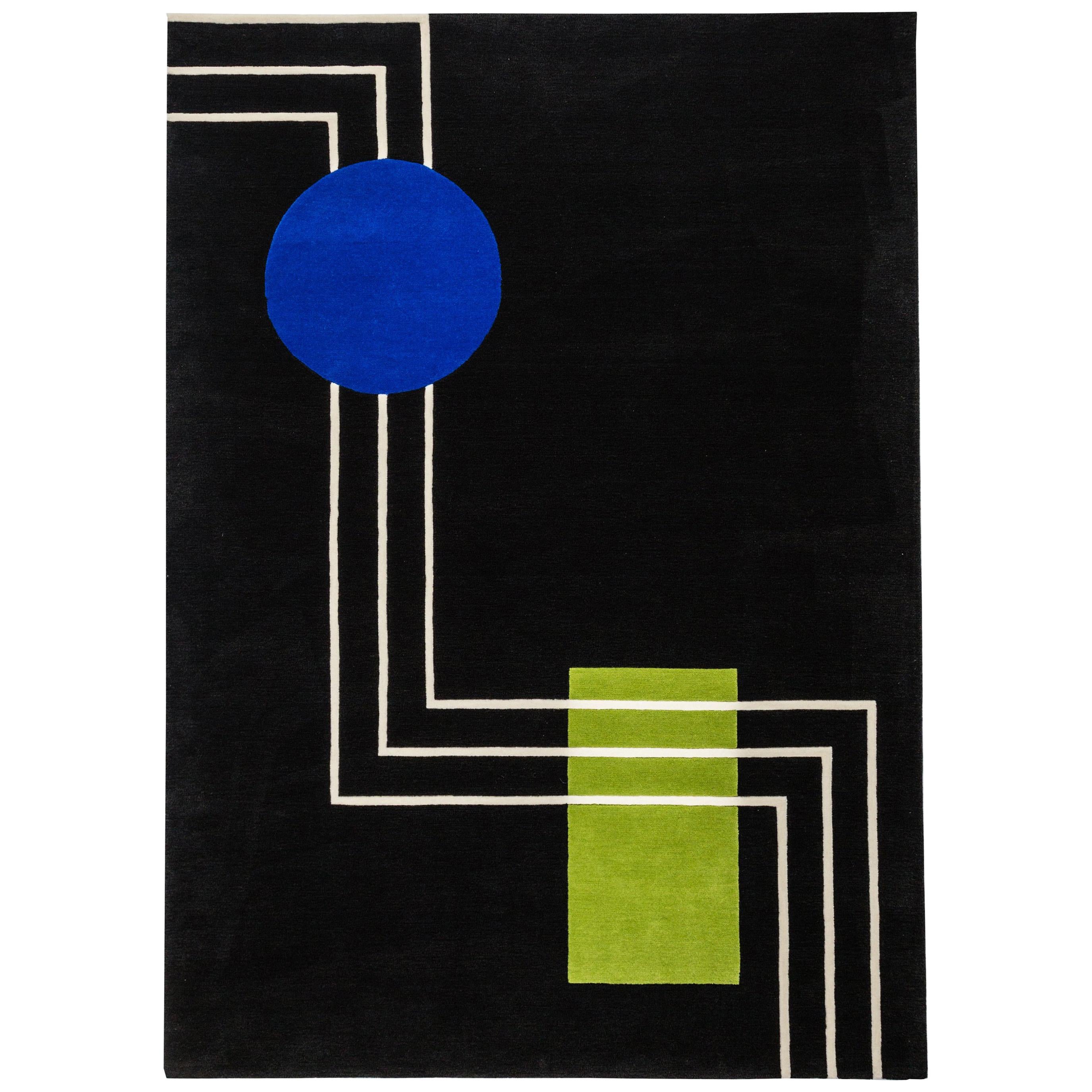Geometrischer Teppich aus Wolle in Schwarz, Blau, Grün und Kreisform mit weißen Linien, getuftet, handgefertigt
