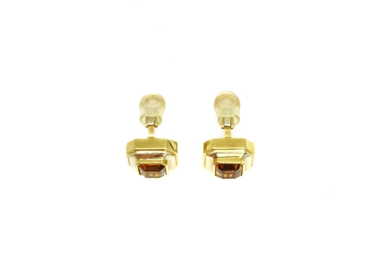 Square Cut Geometrical 18k White and Yellow Gold Citrine Ear-Clips For Sale
